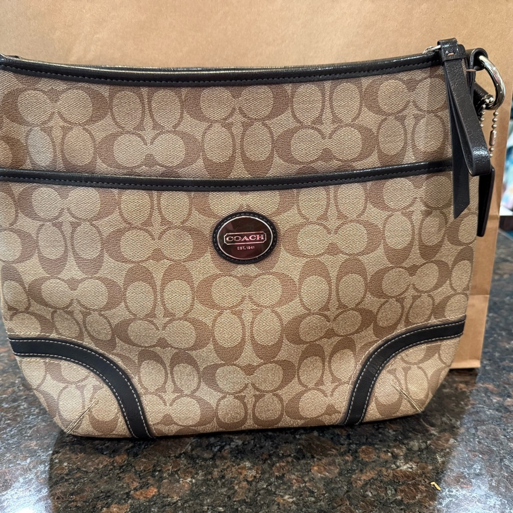 Coach Brown and Black Shoulder Bag with Signature Monogram